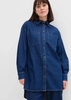 bonprix Bekleidung·Jacken & Mäntel|Blusen & Tuniken^Jeansbluse aus schwerem Denim, reine Baumwolle, Oversized tiefblau denim ungewaschen