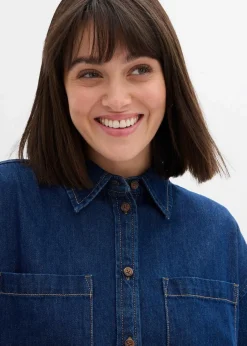 bonprix Bekleidung·Jacken & Mäntel|Blusen & Tuniken^Jeansbluse aus schwerem Denim, reine Baumwolle, Oversized tiefblau denim ungewaschen