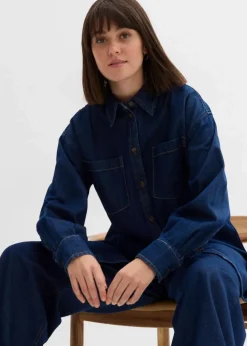 bonprix Bekleidung·Jacken & Mäntel|Blusen & Tuniken^Jeansbluse aus schwerem Denim, reine Baumwolle, Oversized tiefblau denim ungewaschen