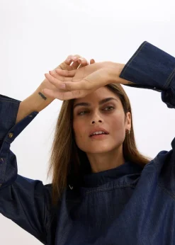 bonprix Bekleidung·Jacken & Mäntel|Blusen & Tuniken^Jeansbluse mit hohen Manschetten tiefblau denim ungewaschen