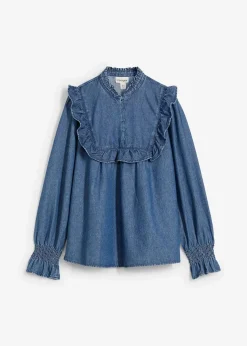 bonprix Bekleidung·Jacken & Mäntel|Blusen & Tuniken^Jeansbluse mit Rüschen blau denim used