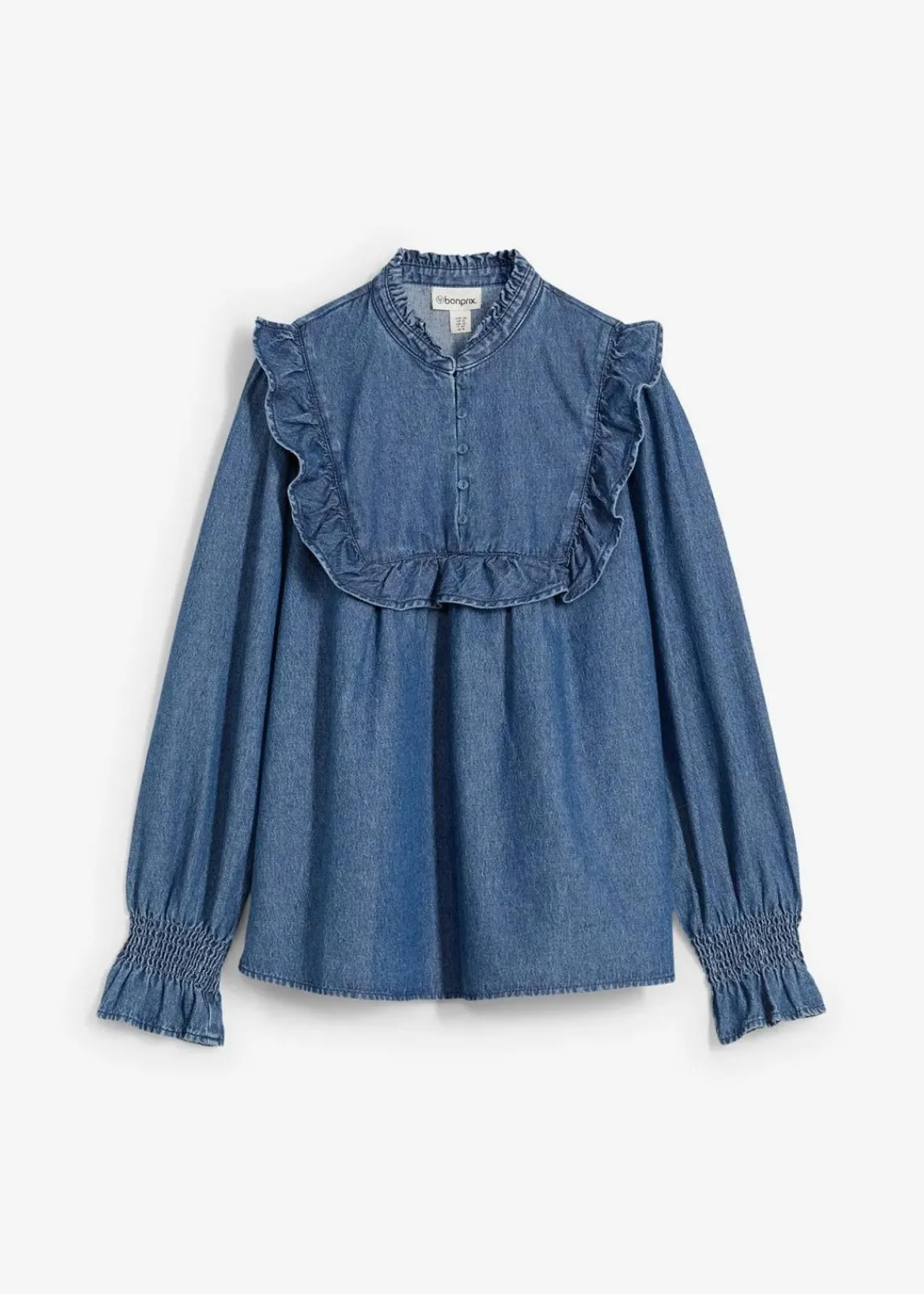 bonprix Bekleidung·Jacken & Mäntel|Blusen & Tuniken^Jeansbluse mit Rüschen blau denim used
