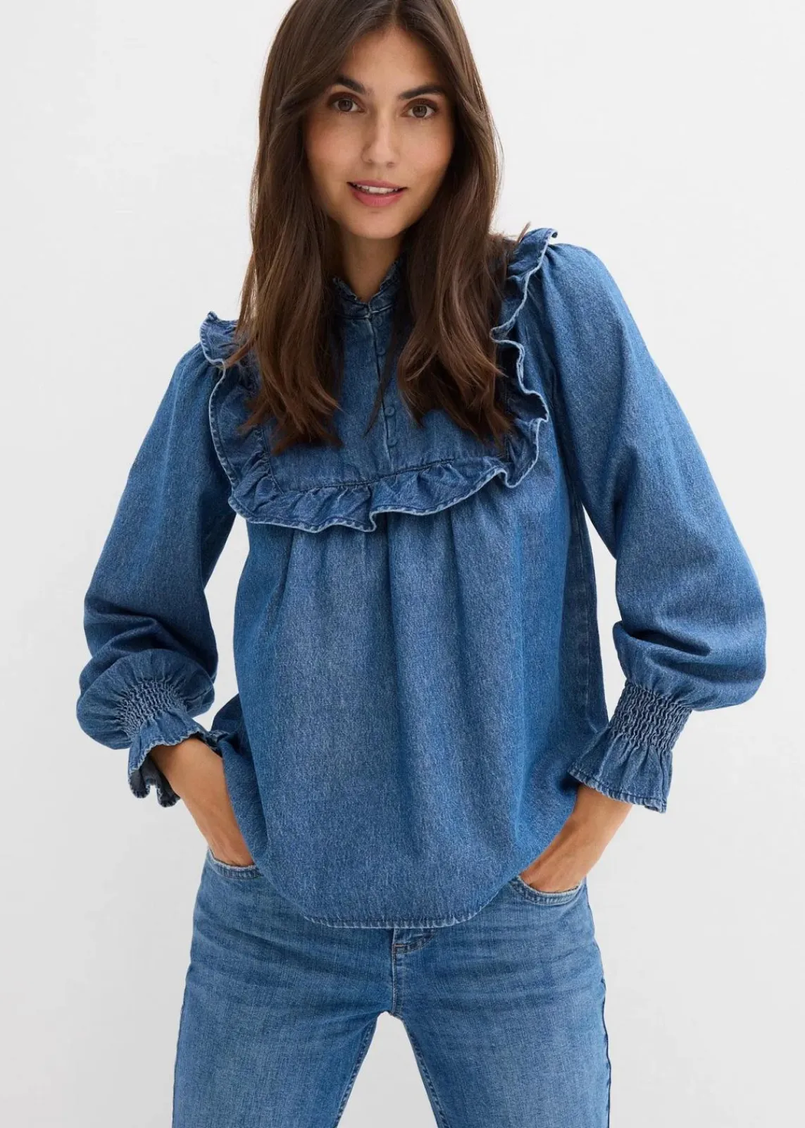 bonprix Bekleidung·Jacken & Mäntel|Blusen & Tuniken^Jeansbluse mit Rüschen blau denim used