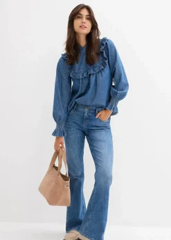 bonprix Bekleidung·Jacken & Mäntel|Blusen & Tuniken^Jeansbluse mit Rüschen blau denim used