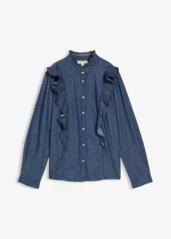bonprix Bekleidung·Jacken & Mäntel|Blusen & Tuniken^Jeansbluse mit Volants, aus reiner Baumwolle dunkelblau denim