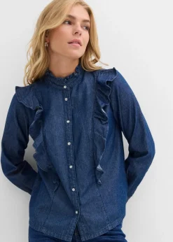 bonprix Bekleidung·Jacken & Mäntel|Blusen & Tuniken^Jeansbluse mit Volants, aus reiner Baumwolle dunkelblau denim