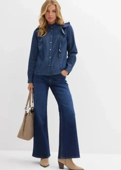 bonprix Bekleidung·Jacken & Mäntel|Blusen & Tuniken^Jeansbluse mit Volants, aus reiner Baumwolle dunkelblau denim