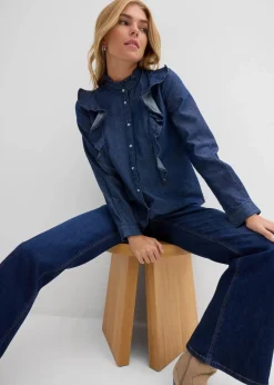 bonprix Bekleidung·Jacken & Mäntel|Blusen & Tuniken^Jeansbluse mit Volants, aus reiner Baumwolle dunkelblau denim