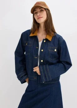 bonprix Bekleidung·Hosen|Jacken & Mäntel^Jeansjacke mit Cordkragen tiefblau denim ungewaschen