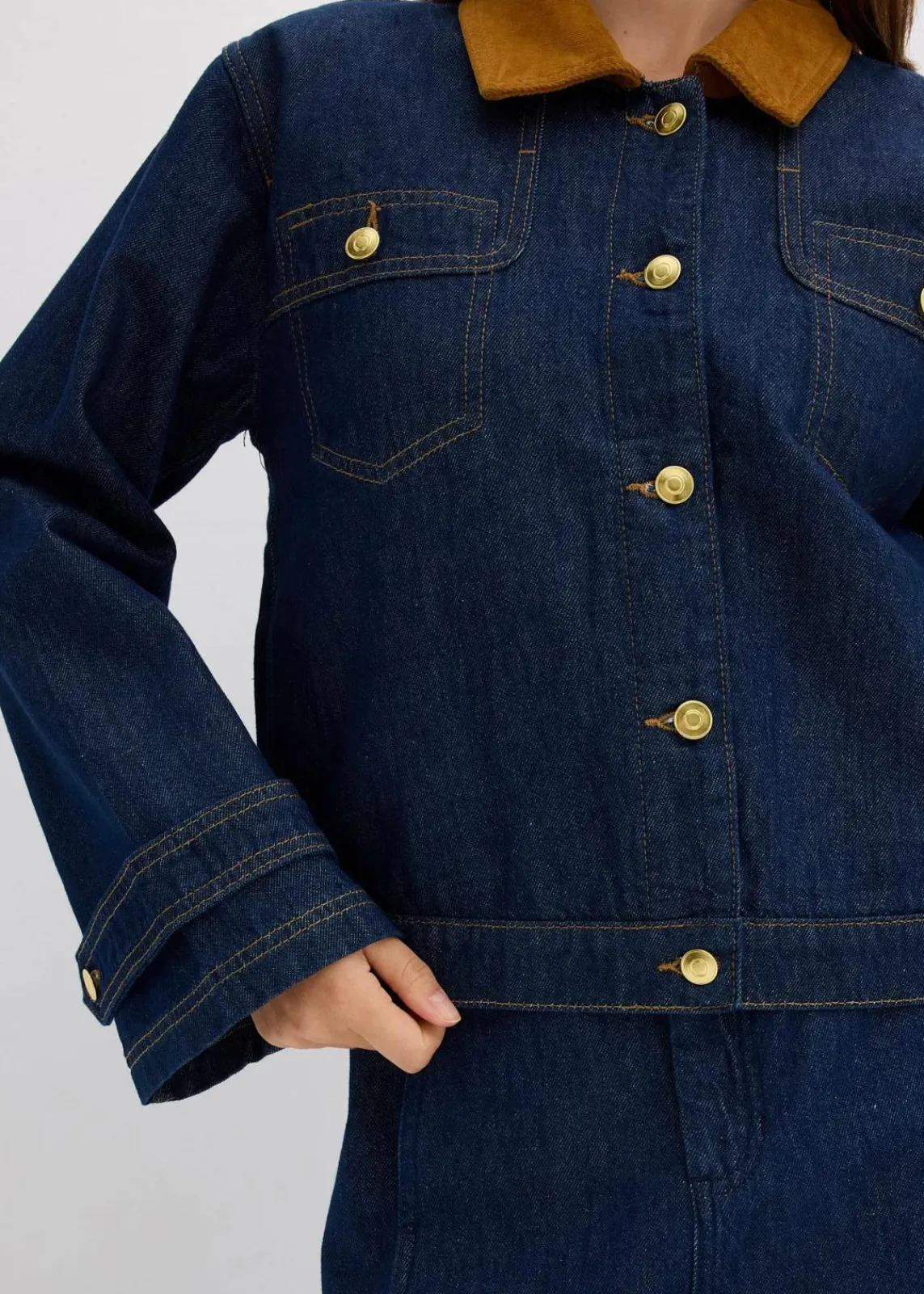 bonprix Bekleidung·Hosen|Jacken & Mäntel^Jeansjacke mit Cordkragen tiefblau denim ungewaschen