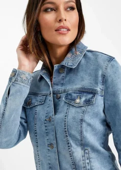 bonprix Jacken & Mäntel|Bekleidung·Hosen^Jeansjacke mit Stickerei blue bleached