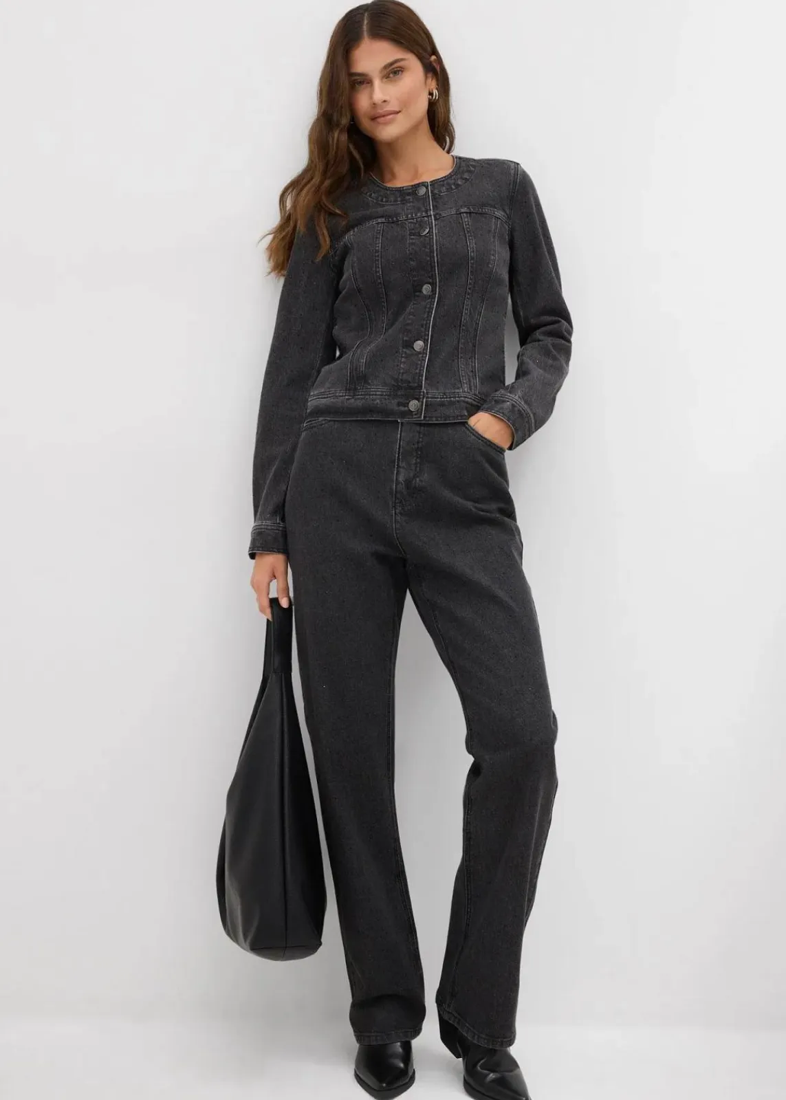 bonprix Bekleidung·Hosen|Jacken & Mäntel^Jeansjacke mit Strass dunkelgrau denim