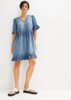 bonprix Nachhaltigere Materialien|Kleider^Jeanskleid mit Volants hellblau denim