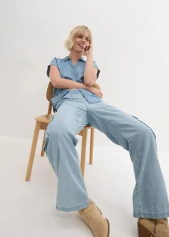 bonprix Blusen & Tuniken^Jeans-Kurzarmbluse mit Leinen hellblau denim