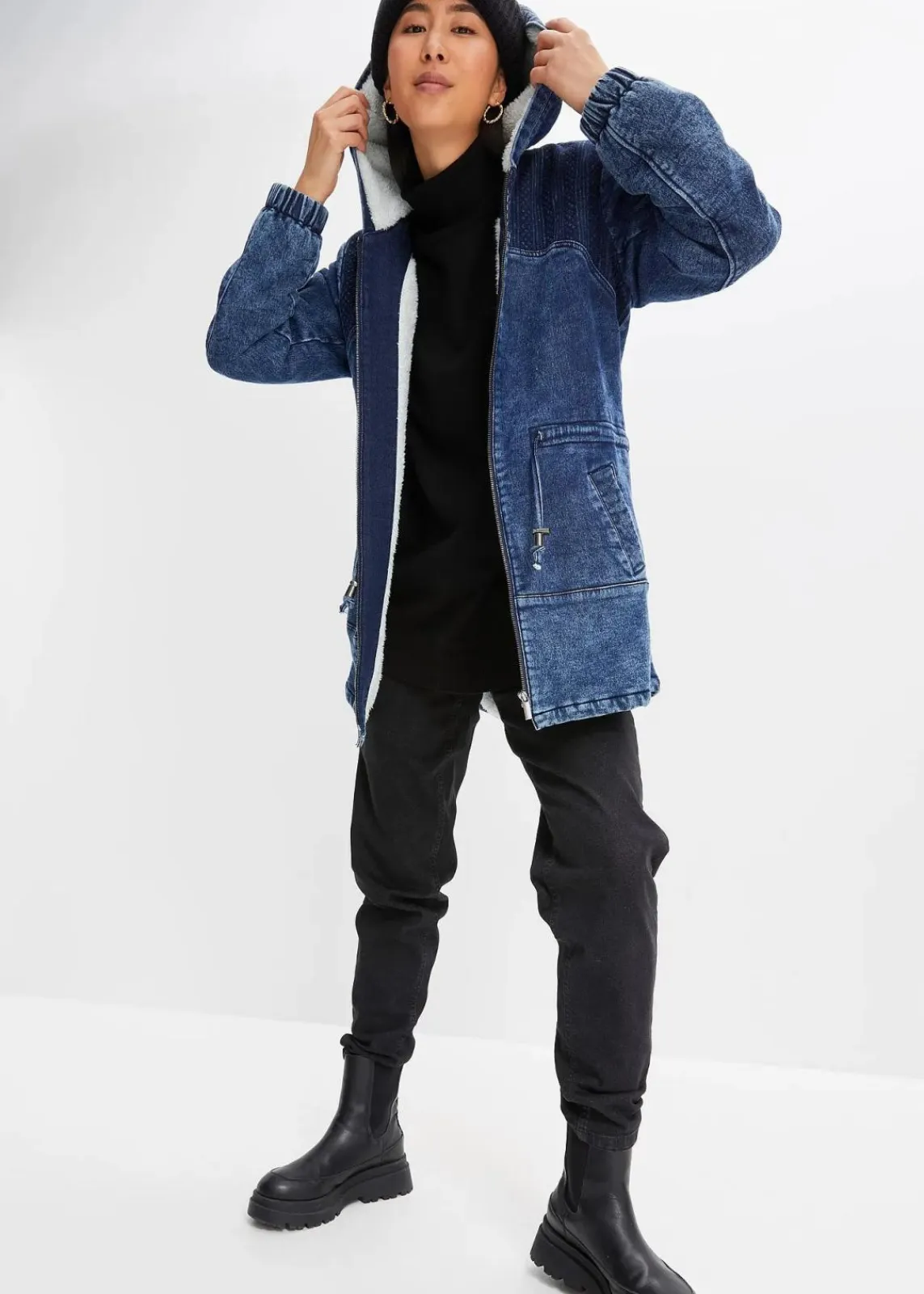 bonprix Bekleidung·Hosen|Jacken & Mäntel^Jeans-Parka mit Teddyfell dunkelblau denim