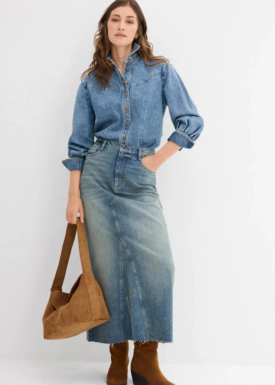 bonprix Bekleidung·Sportbekleidung|Röcke^Jeansrock, Mid Waist, Maxi Length hellblau denim