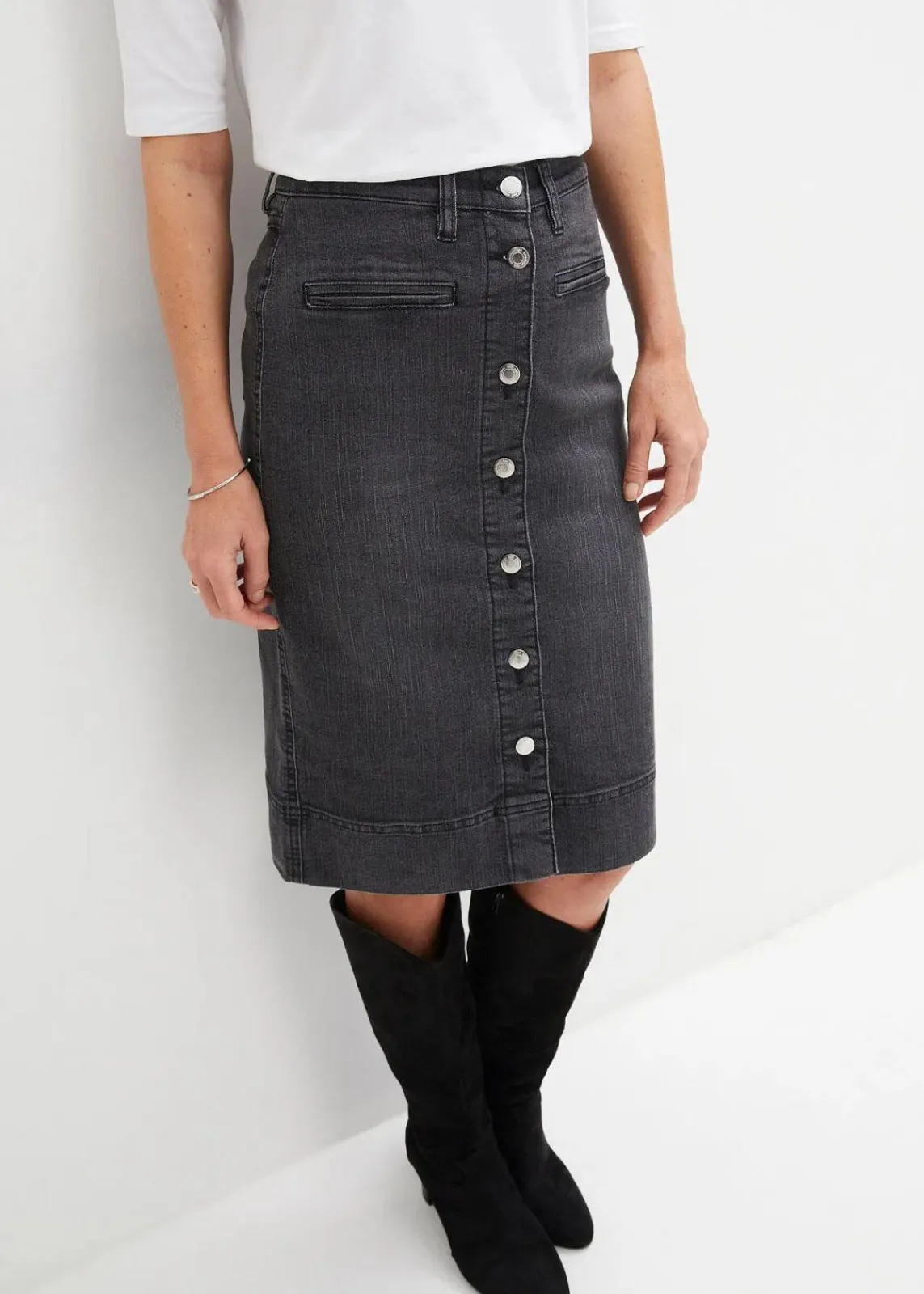 bonprix Röcke|Bekleidung·Sportbekleidung^Jeansrock Mid Waist, Stretch schwarz denim