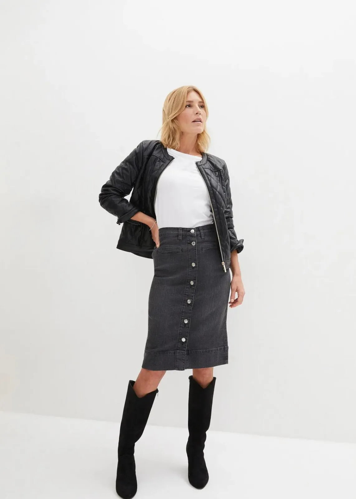 bonprix Röcke|Bekleidung·Sportbekleidung^Jeansrock Mid Waist, Stretch schwarz denim