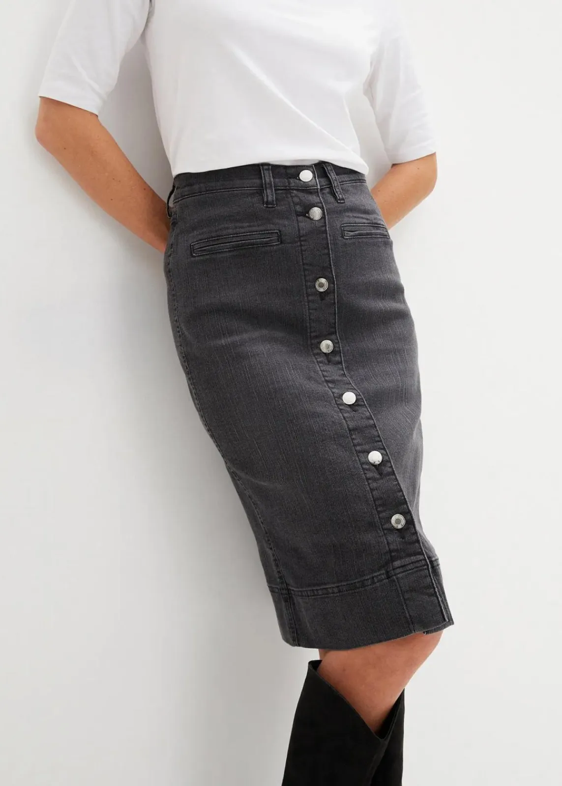 bonprix Röcke|Bekleidung·Sportbekleidung^Jeansrock Mid Waist, Stretch schwarz denim