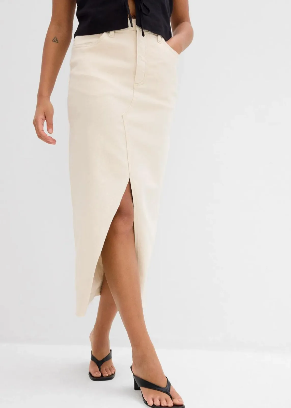 bonprix Röcke|Bekleidung·Sportbekleidung^Jeansrock mit Schlitz naturbeige
