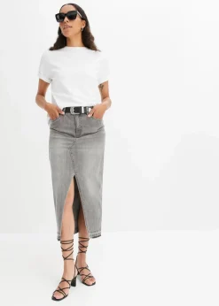 bonprix Bekleidung·Sportbekleidung|Röcke^Jeansrock mit Schlitz hellgrau denim