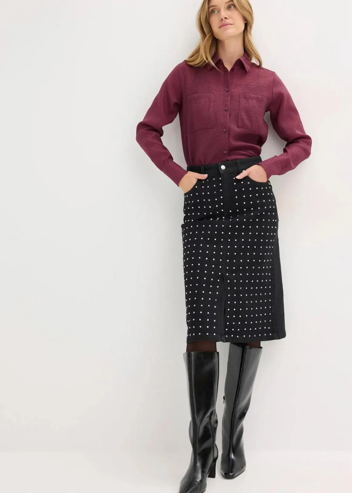 bonprix Bekleidung·Sportbekleidung|Röcke^Jeansrock mit Strassapplikation schwarz denim