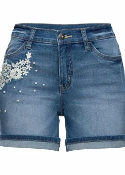 bonprix Bekleidung·Outdoorbekleidung|Bekleidung·Shirts & Tops^Jeansshorts Mid Waist mit Verzierung blau denim