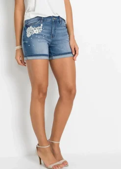 bonprix Bekleidung·Outdoorbekleidung|Bekleidung·Shirts & Tops^Jeansshorts Mid Waist mit Verzierung blau denim
