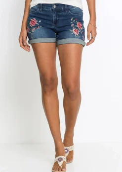 bonprix Bekleidung·Outdoorbekleidung|Bekleidung·Shirts & Tops^Jeans-Shorts Mid Waist, Stickerei blau geblümt