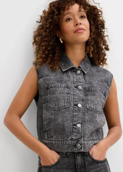 bonprix Jacken & Mäntel|Bekleidung·Hosen^Jeansweste aus Baumwolle dunkelgrau denim used