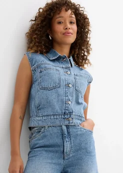 bonprix Bekleidung·Hosen|Jacken & Mäntel^Jeansweste aus Baumwolle hellblau denim used