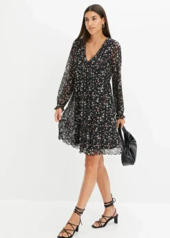 bonprix Bekleidung·Pullover & Strickjacken|Kleider^Jersey Kleid aus Mesh schwarz geblümt