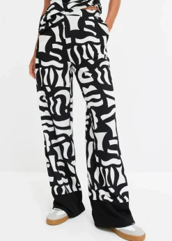 bonprix Bekleidung·Kleider|Zweiteiler & Sets^Jersey-Hose schwarz/wollweiß graphisch bedruckt