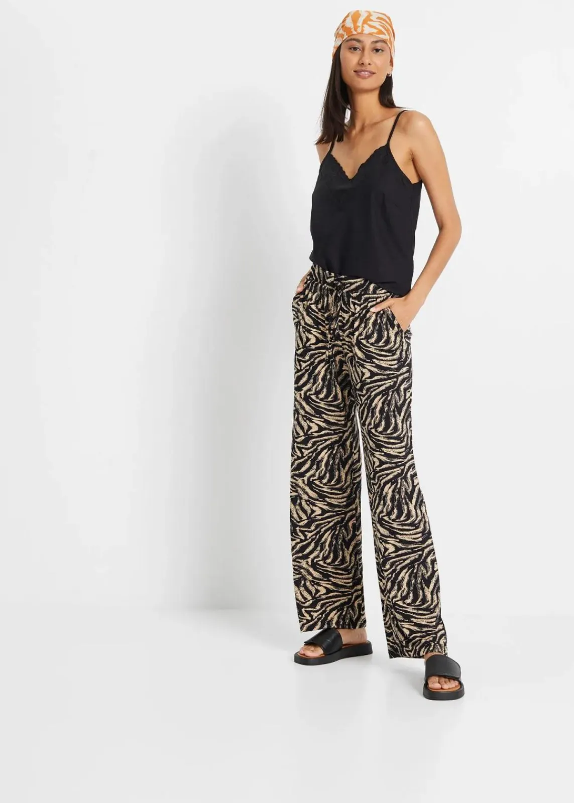 bonprix Bekleidung·Kleider|Hosen^Jersey-Hose aus fließendem Viskose-Mix schwarz/latte macchiato zebra bedruckt