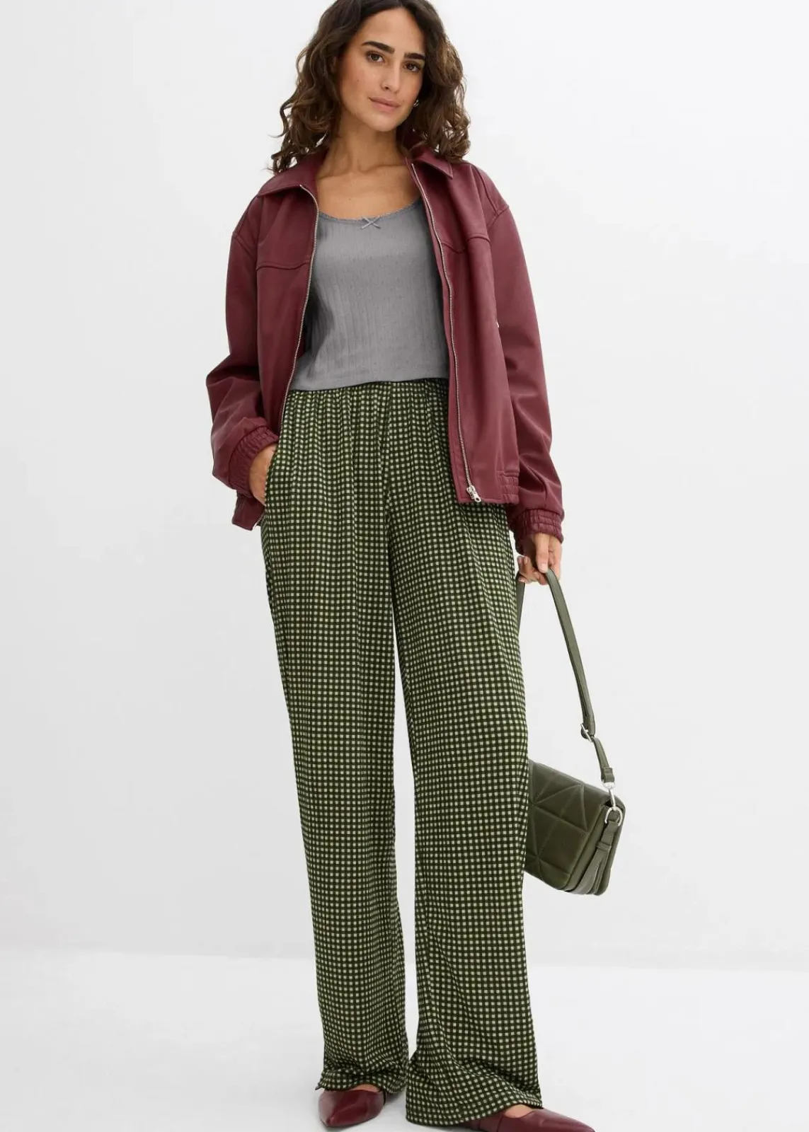 bonprix Bekleidung·Kleider|Hosen^Jersey-Hose aus strukturiertem Crêpe seegras kariert