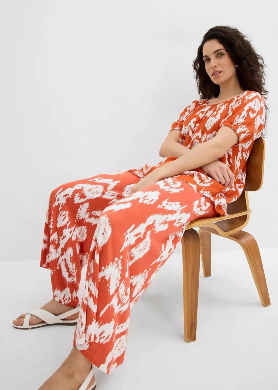 bonprix Bekleidung·Kleider|Zweiteiler & Sets^Jersey-Hose aus Viskose-Mix zimtrot /wollweiß bedruckt