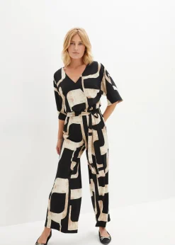 bonprix Jumpsuits^Jersey-Jumpsuit schwarz/kieselbeige/khakibeige bedruckt