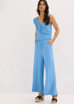 bonprix Bekleidung·Homewear|Jumpsuits^Jersey-Jumpsuit mit Volant mittelblau