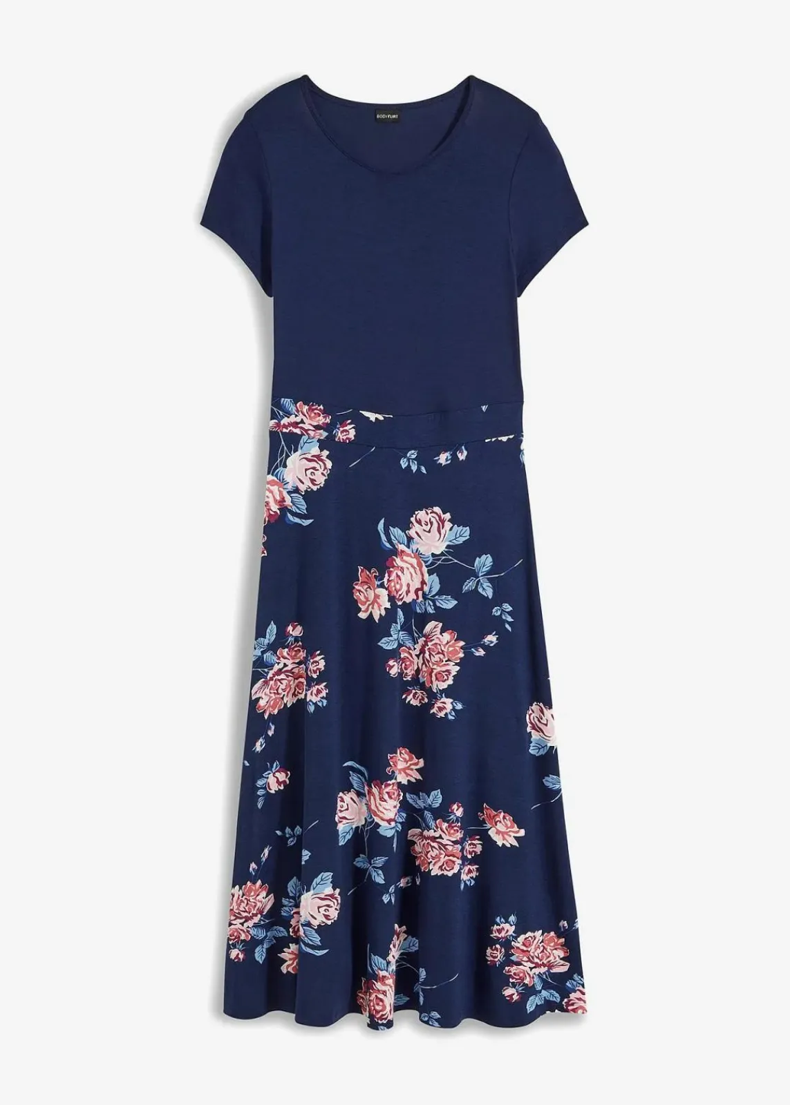 bonprix Kleider|Kurzgrößen^Jerseykleid blau geblümt