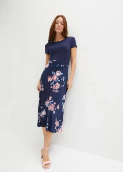 bonprix Kleider|Kurzgrößen^Jerseykleid blau geblümt