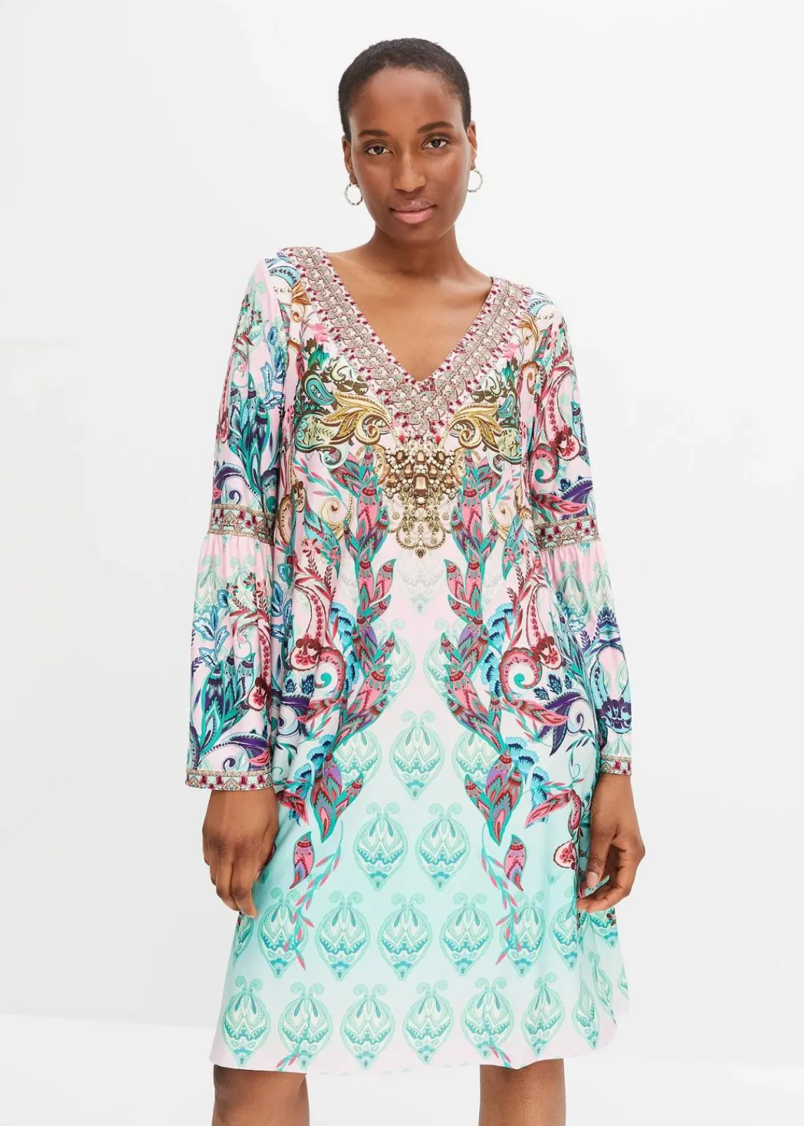 bonprix Kleider^Jerseykleid türkis/hellrosa bedruckt