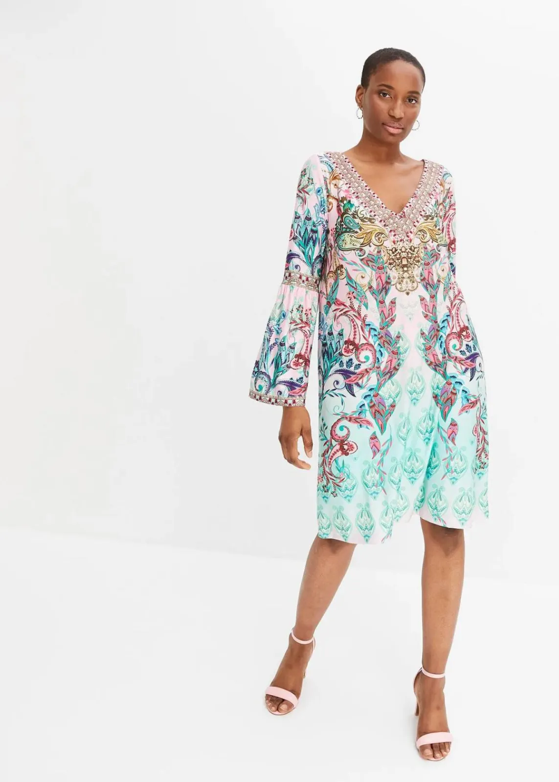 bonprix Kleider^Jerseykleid türkis/hellrosa bedruckt