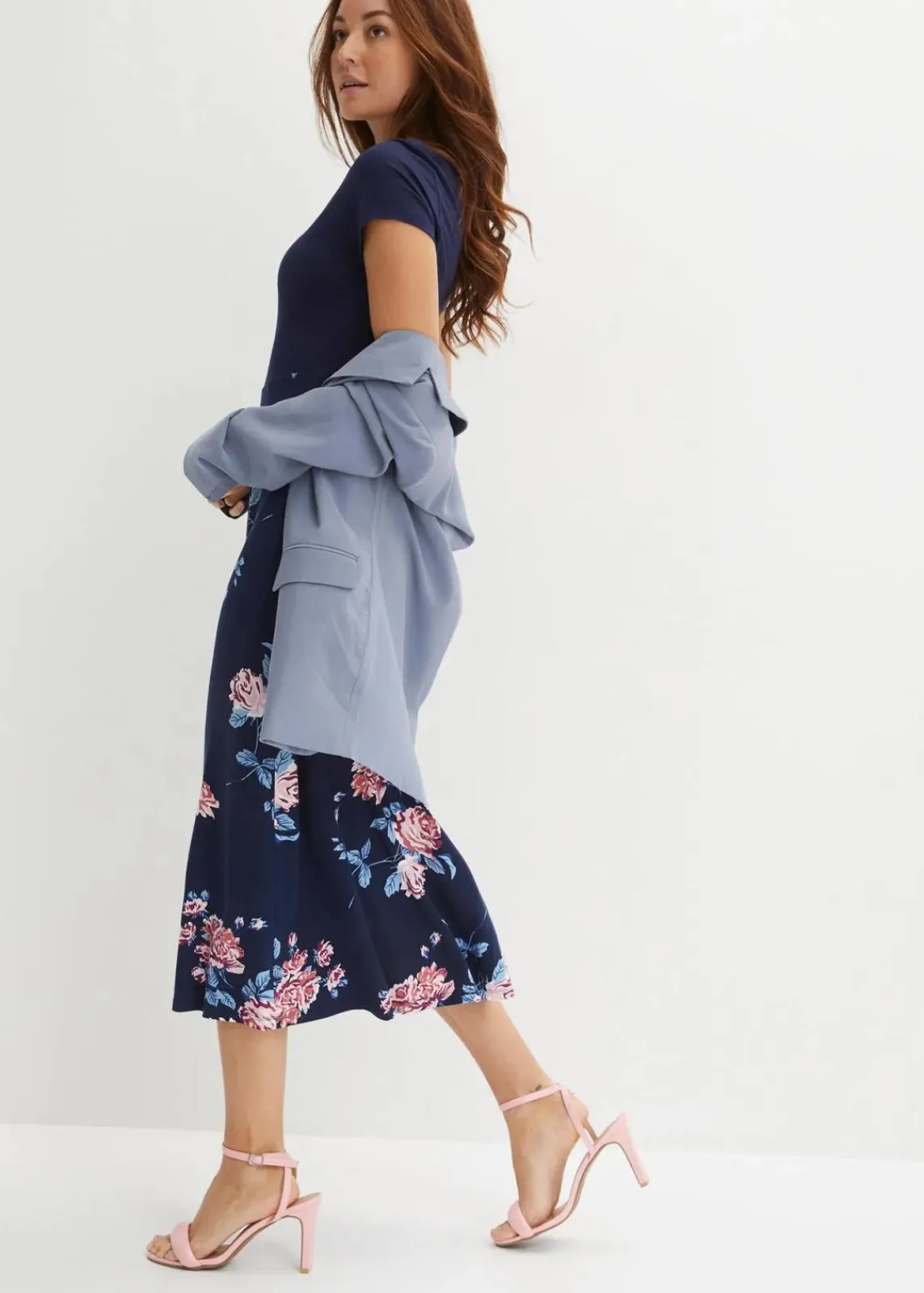 bonprix Kurzgrößen|Bekleidung·Pullover & Strickjacken^Jerseykleid blau geblümt