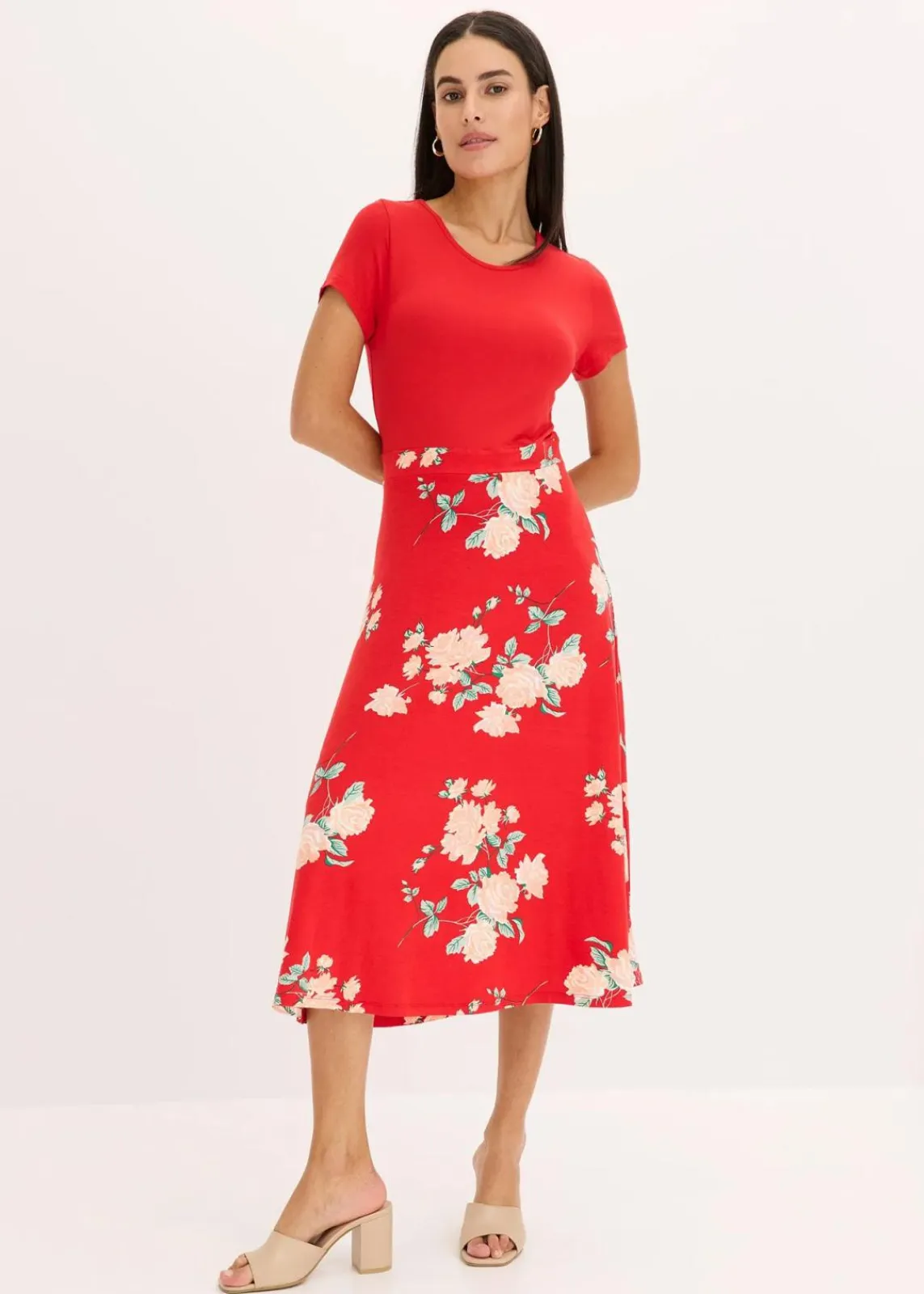 bonprix Kleider|Kurzgrößen^Jerseykleid rot geblümt