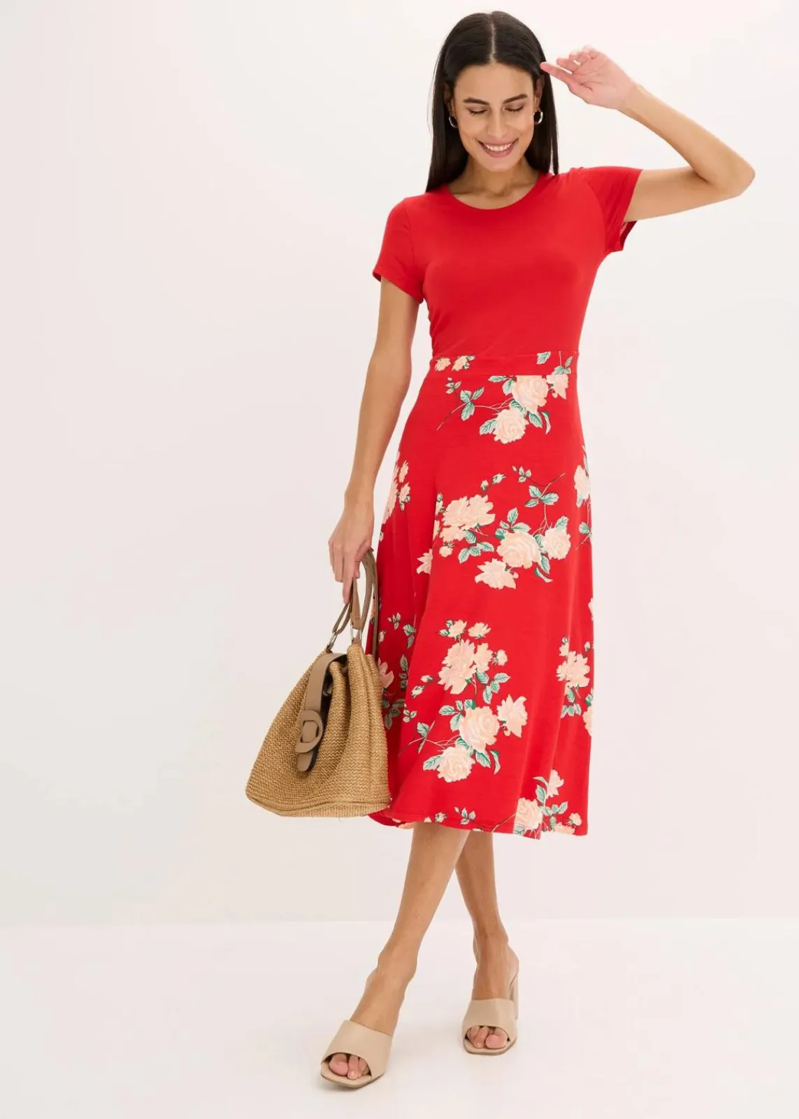 bonprix Kleider|Kurzgrößen^Jerseykleid rot geblümt