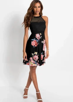 bonprix Bekleidung·Pullover & Strickjacken|Kleider^Jerseykleid schwarz/rosa geblümt