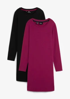 bonprix Kleider|Basics^Jerseykleid aus Baumwolle mit Stretch (2er Pack) beere/schwarz