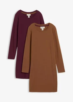 bonprix Kleider|Basics^Jerseykleid aus Baumwolle mit Stretch (2er Pack) pimentbraun/weinrot