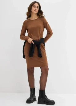 bonprix Kleider|Basics^Jerseykleid aus Baumwolle mit Stretch (2er Pack) pimentbraun/weinrot
