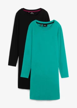 bonprix Kleider|Basics^Jerseykleid aus Baumwolle mit Stretch (2er Pack) smaragd+schwarz